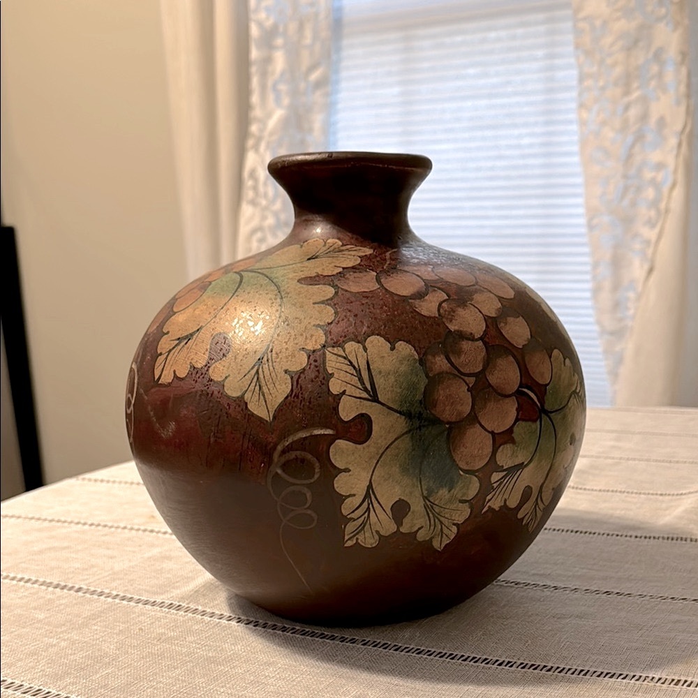 large ceramic autumn vase features golden grape leaves hand painted